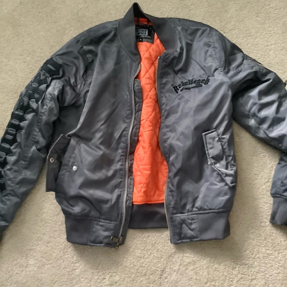 Bleecker & Mercer 'Privileged' Gothic Letter Bomber Jacket Small Quilted Liner